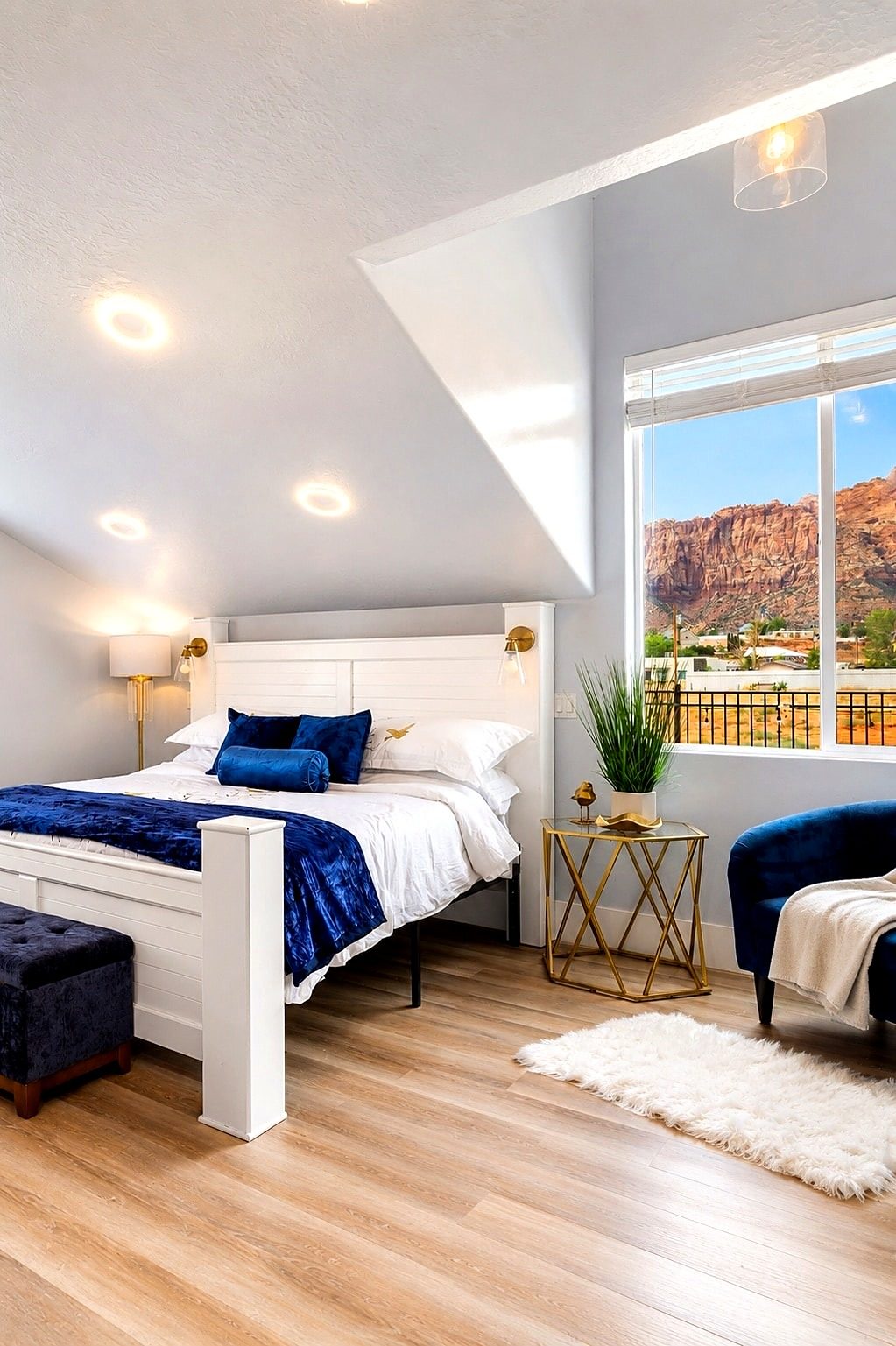 Sky Suite bedroom with a vaulted ceiling and cliff view