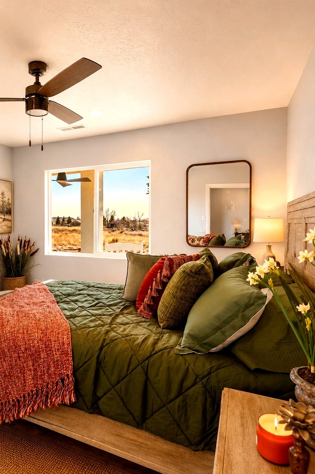 Garden Suite bedroom with a green and orange quilt