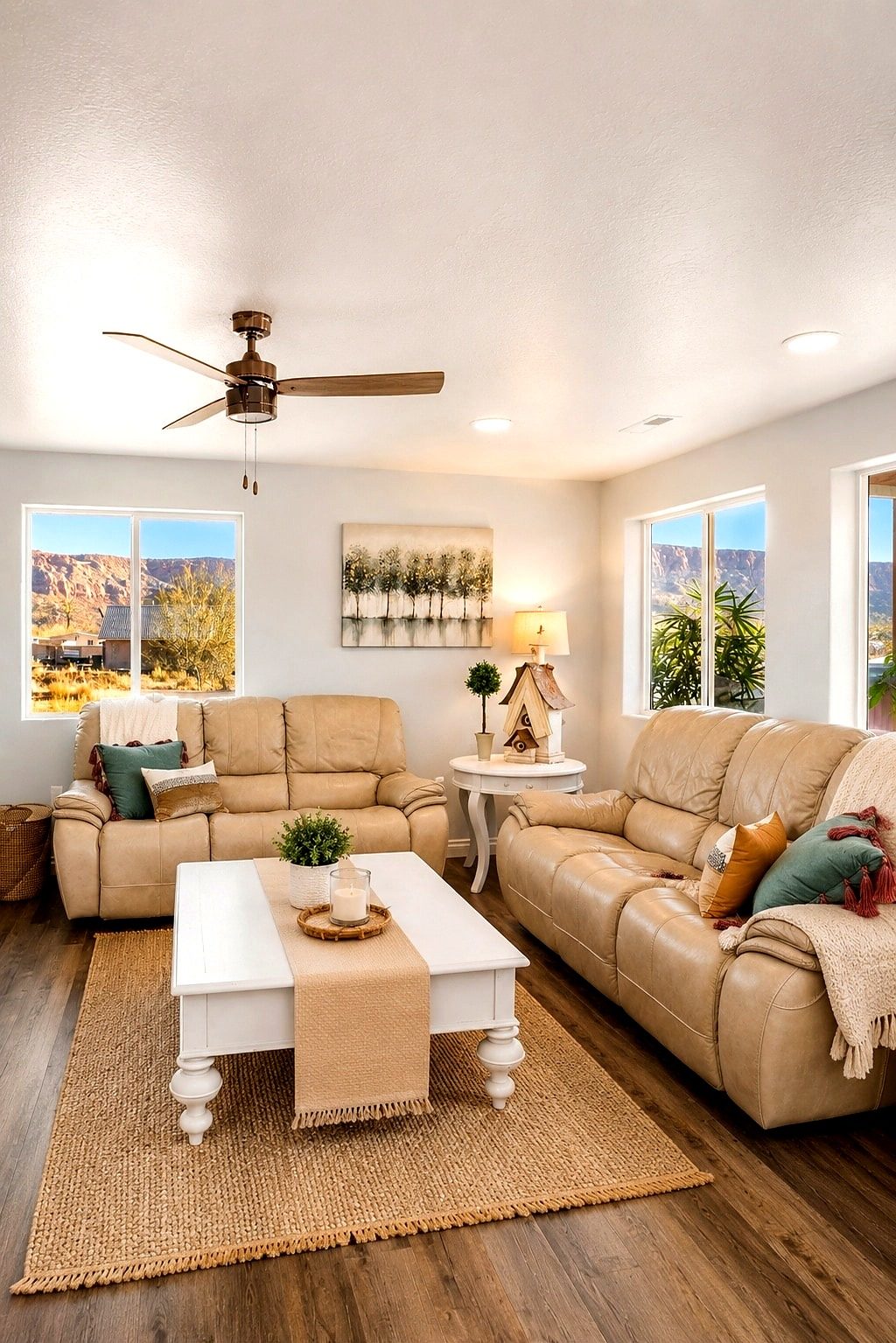 Living room with cream sofa and birdhouse details
